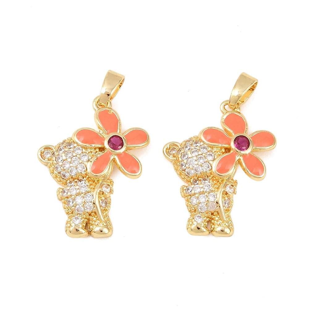 Bjørn Med Blomst Vedhæng – Zirkonia Forgyldt Langtidsholdbar (21mm) - Uniq Perler - 117654