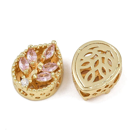 Blatt-Zwischenstück – langlebig 18K Vergoldet Messing mit pinken kubischen Zirkonia (12x10x6mm)