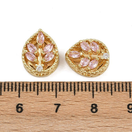 Blatt-Zwischenstück – langlebig 18K Vergoldet Messing mit pinken kubischen Zirkonia (12x10x6mm)