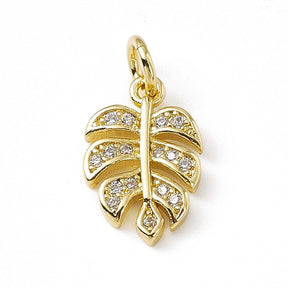 Leaf Pendant With Clear Zirconia Stones, 18K Gold-plated, 13x8mm - Uniq Perler - 0000014698