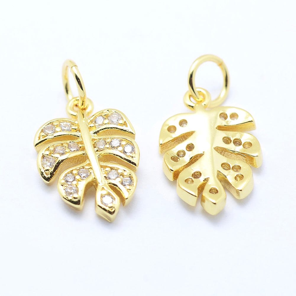 Blad Vedhæng Med Klare Zirkonia Sten, Forgyldt, 14x9,5x2mm - Uniq Perler - 111530