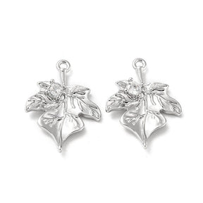 Leaf Pendant With Zirconia Stones, Platinum, 20x15mm - Uniq Perler - 111968