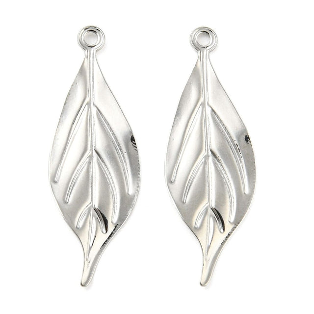 Blad Vedhæng, Platin Belagt, 30x10mm, 2 stk. - Uniq Perler - 112840