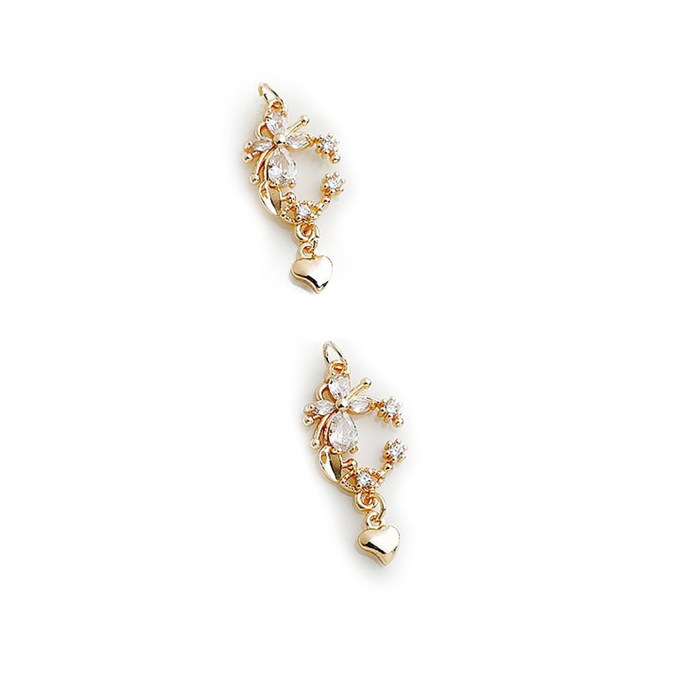 Blomst Med Hjerte Vedhæng – 14K Forgyldt Messing Med Zirkonia (30x14mm) - Uniq Perler - 121937