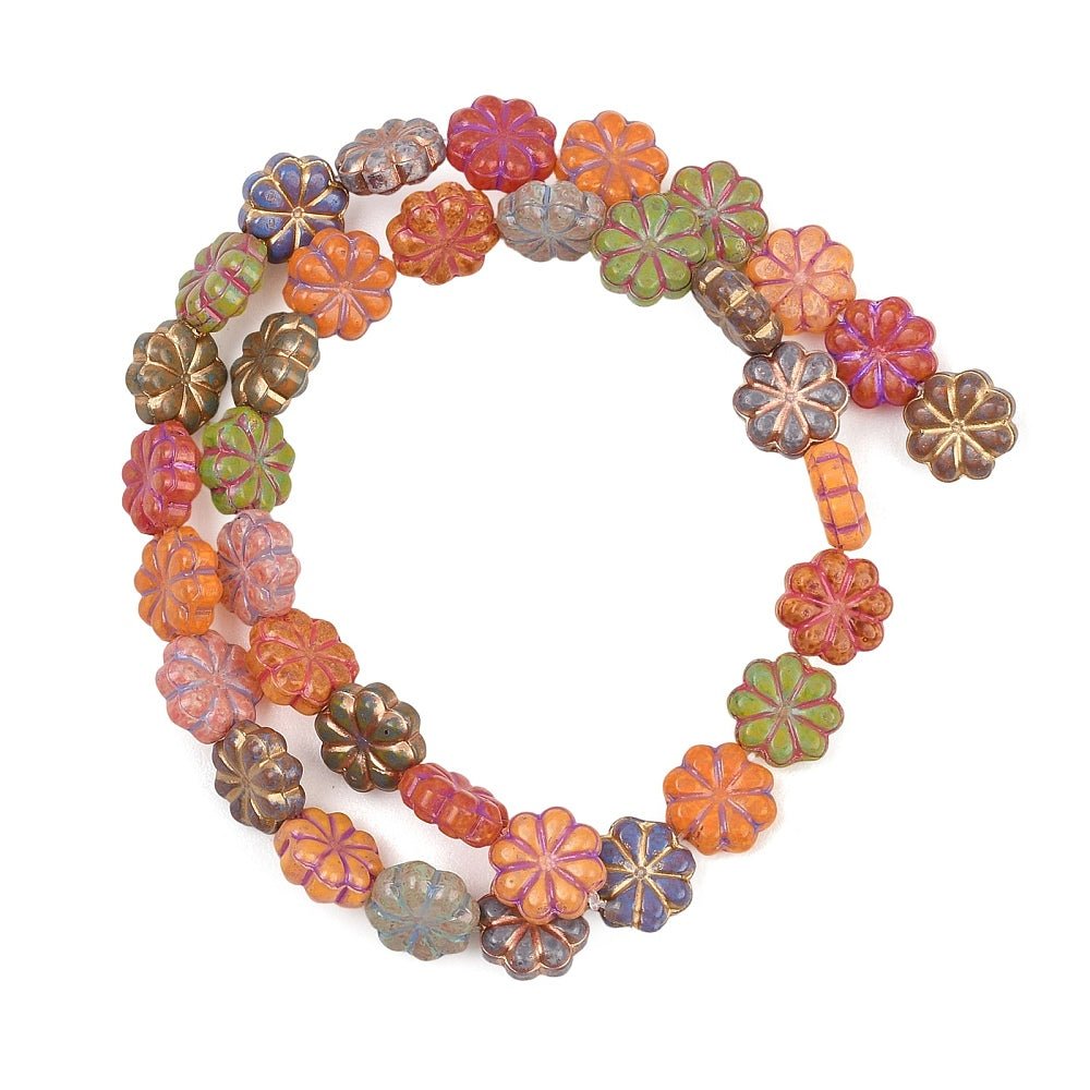 Blomster Glasperler – Farve Mix, 18K Forgyldt Detalje (10~10,5x4~4,3mm) - Uniq Perler - 122397