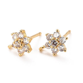 Blumen-Ohrstecker mit klaren Zirkonia-Steinen, 18K Vergoldet, (9,5x6,5x3mm) - Uniq Perler - 111534