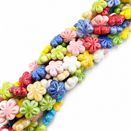 Blomster Porcelænsperler – Blank Glaseret, Farve Mix (17,5x17x8,5mm) - Uniq Perler - 122804