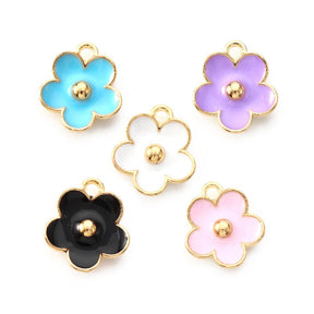 Flower Pendant With Enamel, Gold-plated, Color Mix, 13x11x3mm, 10 Pcs - Uniq Perler - 918411