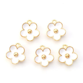 Flower Pendant With White Enamel, Gold-plated, 13x11x3mm, 6 Pcs - Uniq Perler - 111839