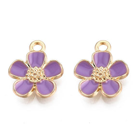 Flower Pendant With Purple Enamel, Gold-plated, 16x13mm, 6 Pcs - Uniq Perler - 111841