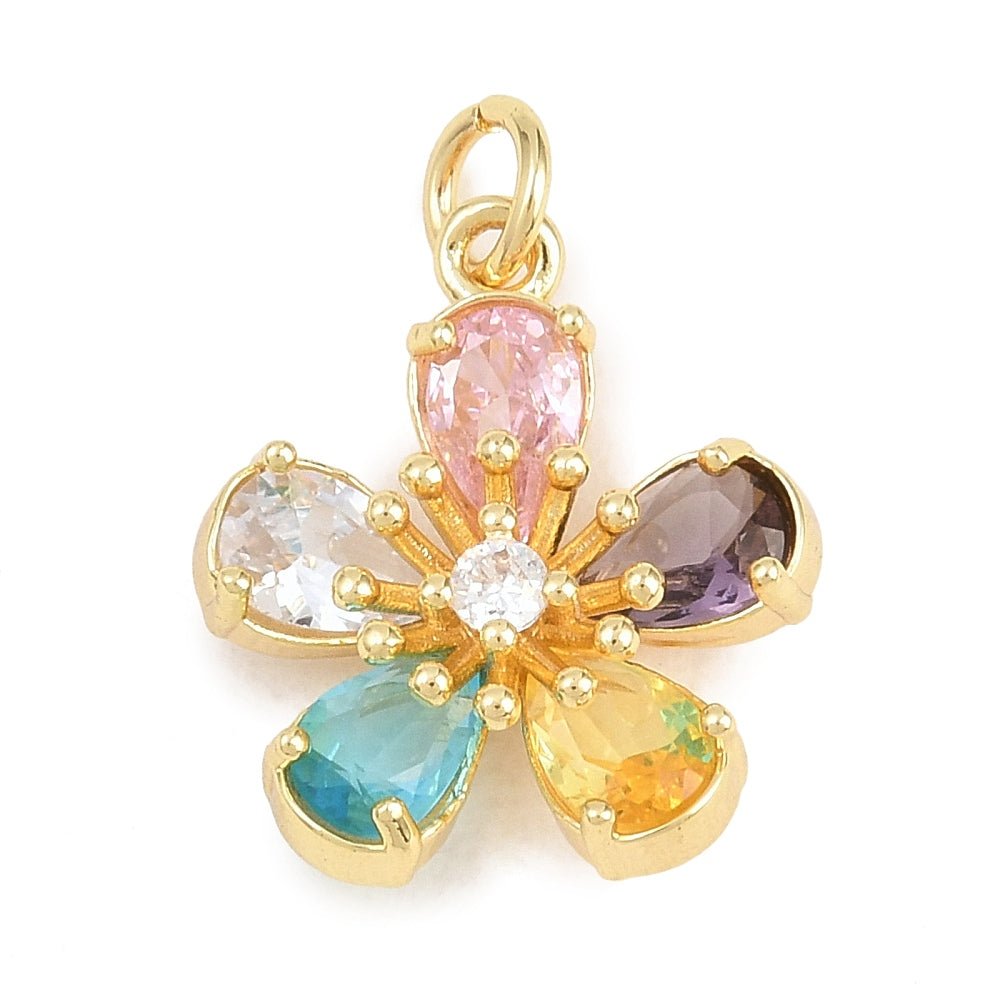 Blomster Vedhæng Med Zirkonia – 18K Forgyldt Messing, Farve Mix (17,5x16mm) - Uniq Perler - 120938