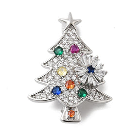 Brosch - Julgran, Platinafärgad med Färgad Zirkonia (27,5x38mm) - Uniq Perler - 