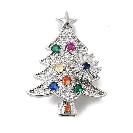 Broche - Juletræ, Platinfarvet med Farvet Zirkonia (27,5x38mm) - Uniq Perler - 