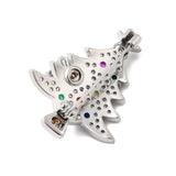 Broche - Juletræ, Platinfarvet med Farvet Zirkonia (27,5x38mm) - Uniq Perler - 