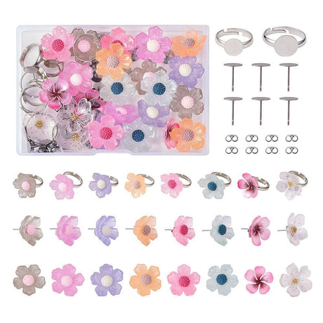 Cabochon Sæt Med Blomster – Fingerring & Ørestikkere, Akryl & Forgyldt, 44 Dele - Uniq Perler - 114898
