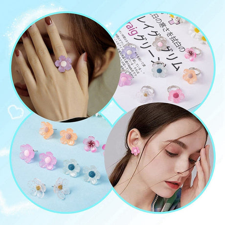 Cabochon Sæt Med Blomster – Fingerring & Ørestikkere, Akryl & Forgyldt, 44 Dele - Uniq Perler - 114898