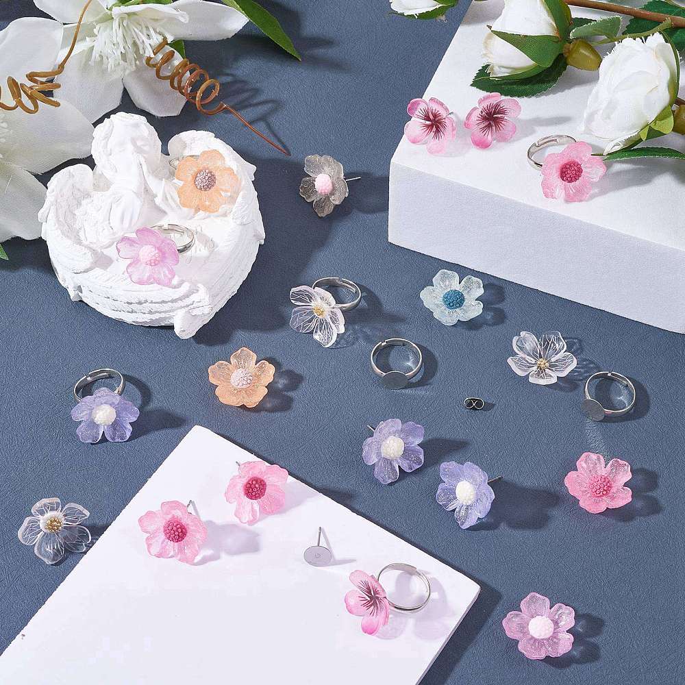 Cabochon Sæt Med Blomster – Fingerring & Ørestikkere, Akryl & Forgyldt, 44 Dele - Uniq Perler - 114898