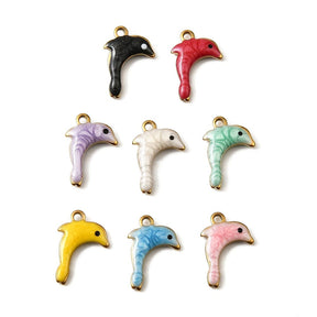 Dolphin Pendant – Mixed Colors, Gold-plated (9x12x2mm) 8 pcs - Uniq Perler - 115734
