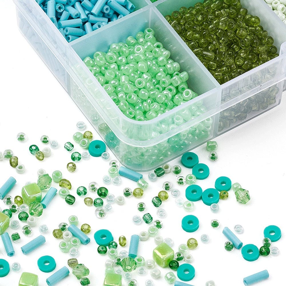 DIY Kasse Med 10 Forskellige Perler & Elastik – Grøn (1 - 6mm) - Uniq Perler - 115843