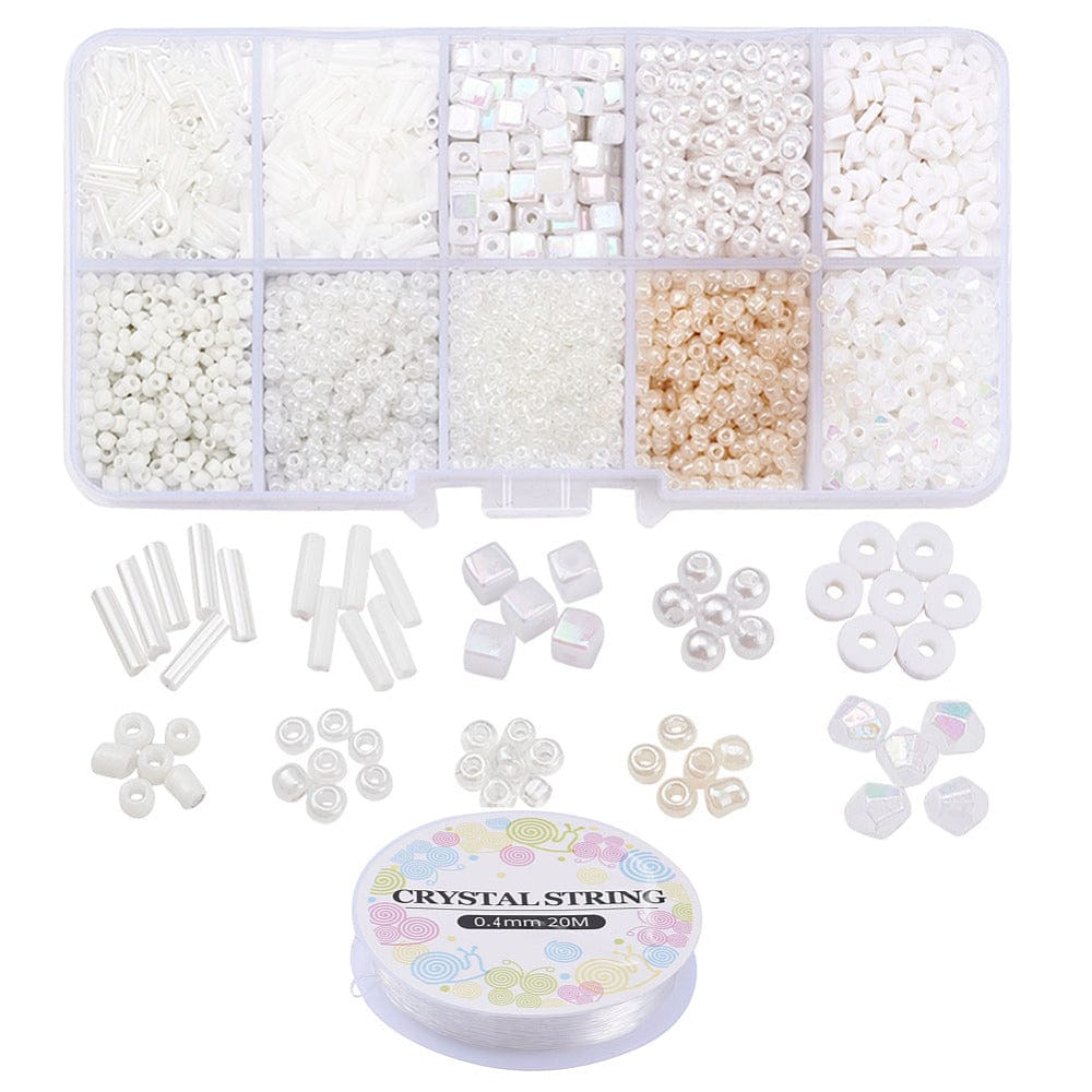DIY Kasse Med 10 Forskellige Perler & Elastik – Hvid (1 - 6mm) - Uniq Perler - 115842