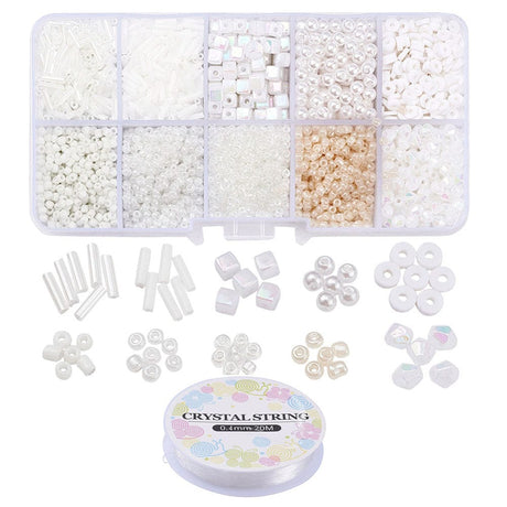 DIY Kasse Med 10 Forskellige Perler & Elastik – Hvid (1 - 6mm) - Uniq Perler - 115842