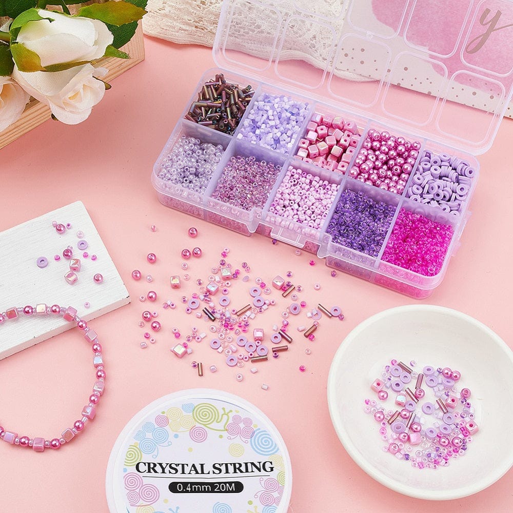 DIY Kasse Med 10 Forskellige Perler & Elastik – Lilla (1 - 6mm) - Uniq Perler - 115841