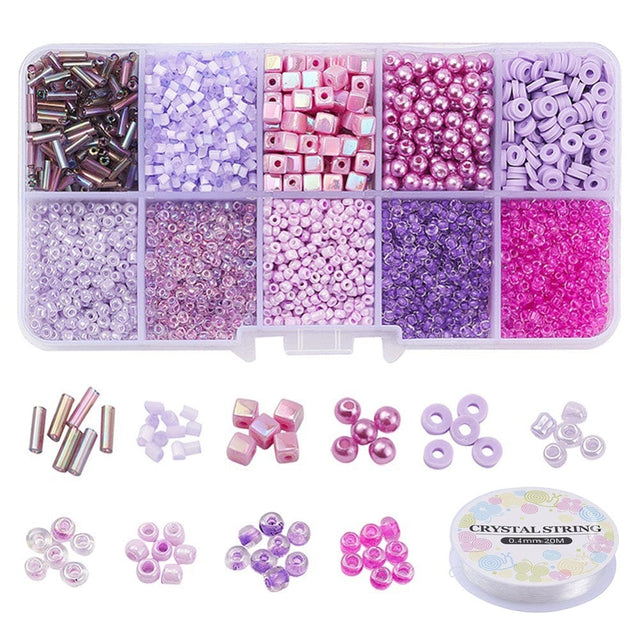 DIY Kasse Med 10 Forskellige Perler & Elastik – Lilla (1 - 6mm) - Uniq Perler - 115841