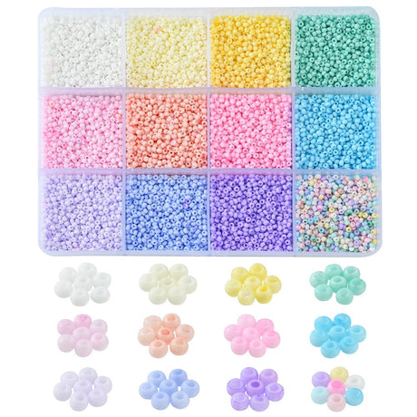 DIY Kasse Med 12 Farver Seed Beads – Glas (2x1,5mm) Ca. 180g - Uniq Perler - 115113