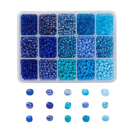 DIY Kasse Med 15 Blå Farver Seed Beads – 4mm - Uniq Perler - 