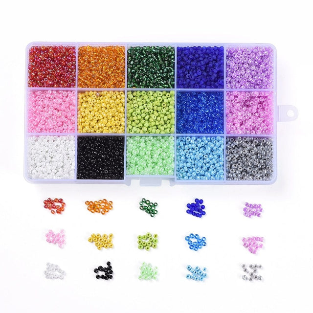 DIY Kasse Med 15 Farver Seed Beads – 3mm, Glas, Ca. 5250 Stk - Uniq Perler - 113881