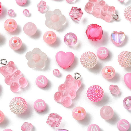 DIY Kasse Med 15 Forskellige Akryl Perler – Pink, Ca. 600 Stk (4 - 22mm) - Uniq Perler - 115096