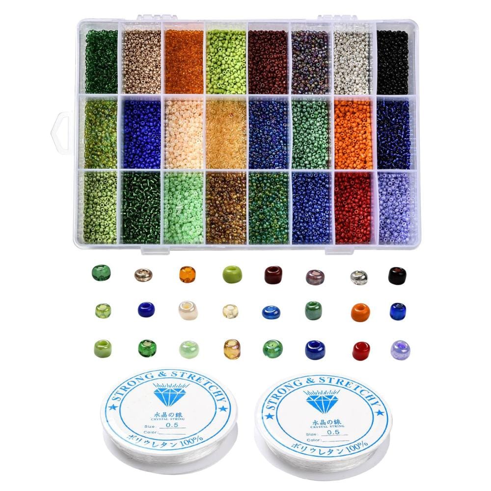 DIY Kasse Med 24 Farver Seed Beads og Elastik (2mm) - Uniq Perler - 0001489232