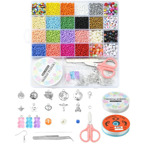 DIY Sæt – 18 Farver Seed Beads, Elastik, Saks & Vedhæng - Uniq Perler - 115838
