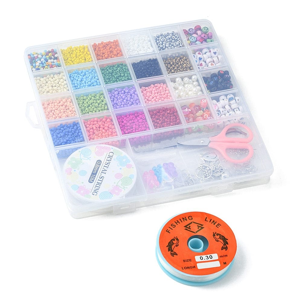 DIY Sæt – 18 Farver Seed Beads, Elastik, Saks & Vedhæng - Uniq Perler - 115838