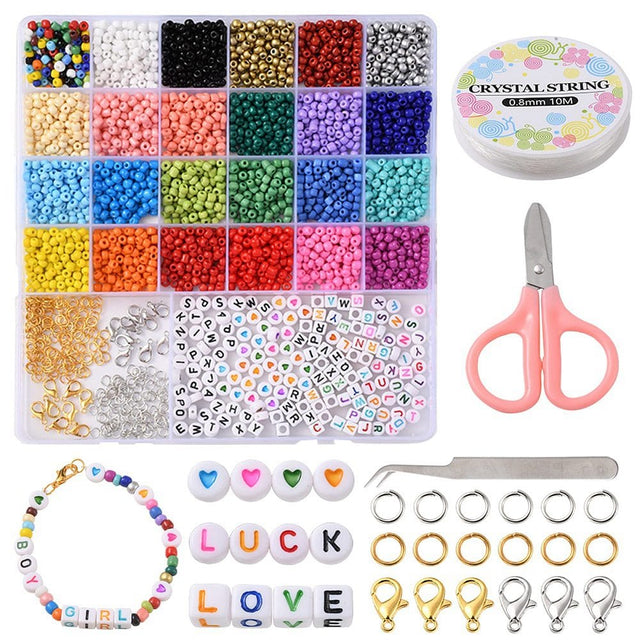 DIY Sæt – 24 Farver Seed Beads, Elastik, Låse, Saks mm. - Uniq Perler - 115840