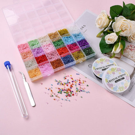 DIY Sæt – 24 Farver Seed Beads, Elastik & Nåle (3mm) - Uniq Perler - 115835