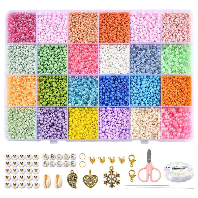 DIY Sæt – 24 Farver Seed Beads, Vedhæng, Elastik, Saks, Låse mm. - Uniq Perler - 115848