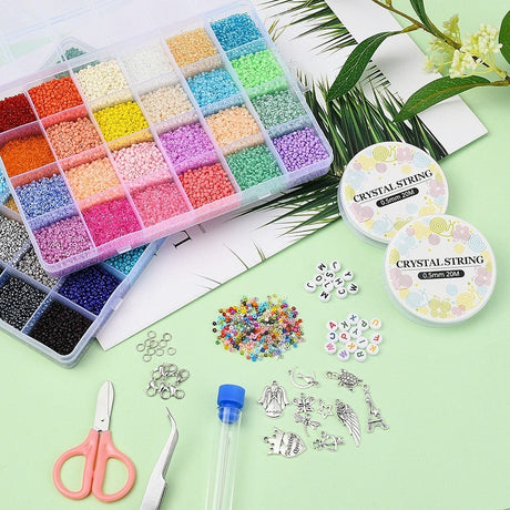 DIY Sæt – 48 Farver Seed Beads, Vedhæng, Elastik, Saks, Låse mm. - Uniq Perler - 115844