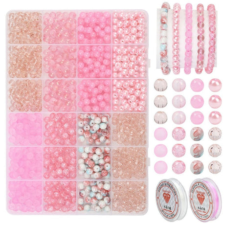 DIY Sæt – 8 Forskellige Perler & Elastik, Pink - Uniq Perler - 115851