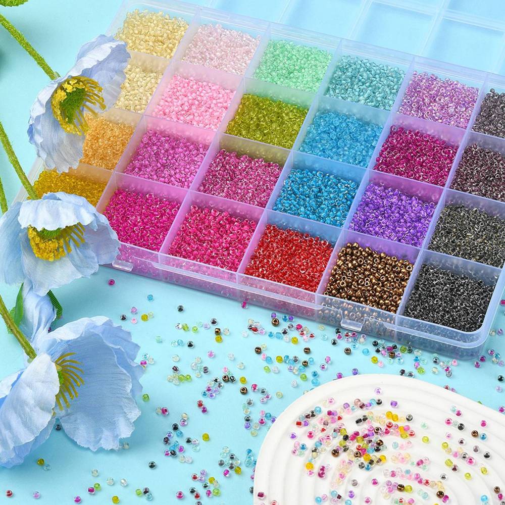 DIY Sæt, Glasperler Seed Beads – 24 Farver Transparent 12/0 (2~2.5x1.5~2mm) - Uniq Perler - 