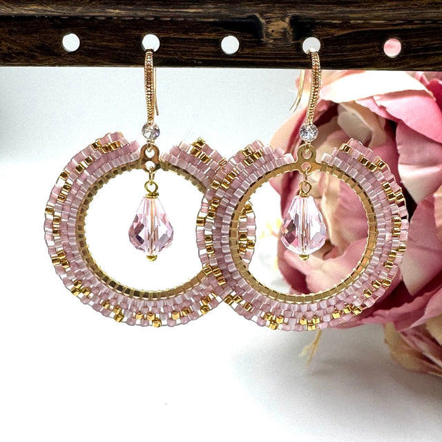 Diy Sæt - Rosa Miyuki Ørering Med Dråbe - Uniq Perler - 518741