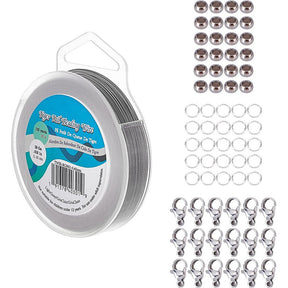 DIY Sæt Til Smykker – Tiger Tail Wire Med Øskner, Klemmeperler Og Karabinlåse (0,44mm, 90 meter) - Uniq Perler - 123214