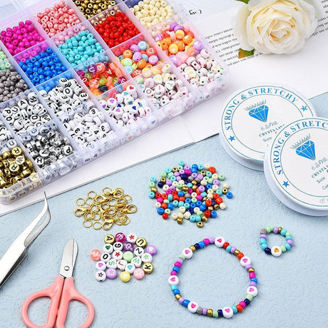 DIY Smykkesæt – 12 Farver Seed Beads, Perler, Elastik & Saks - Uniq Perler - 115059