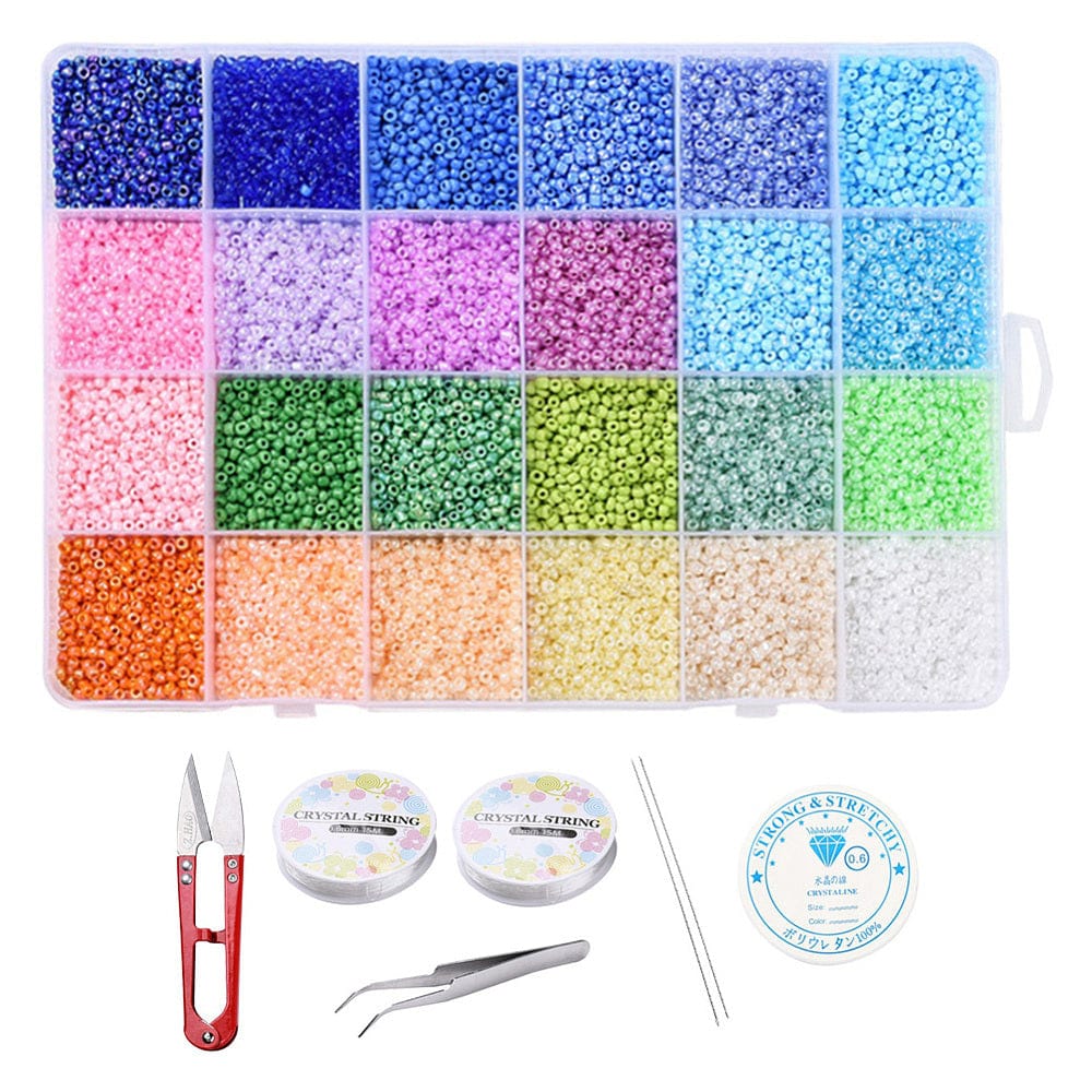 DIY Smykkesæt – 24 Farver Seed Beads, Elastik, Saks & Nåle, 2mm - Uniq Perler - 0001489161