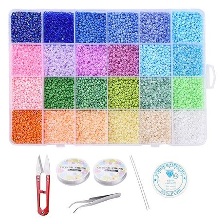 DIY Smykkesæt – 24 Farver Seed Beads, Elastik, Saks & Nåle, 2mm - Uniq Perler - 0001489161