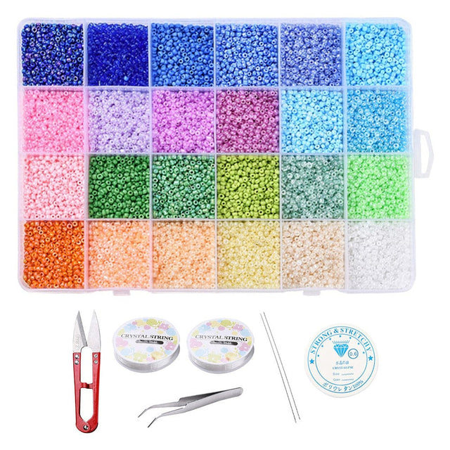 DIY Smykkesæt – 24 Farver Seed Beads, Elastik, Saks & Nåle, 2mm - Uniq Perler - 0001489161