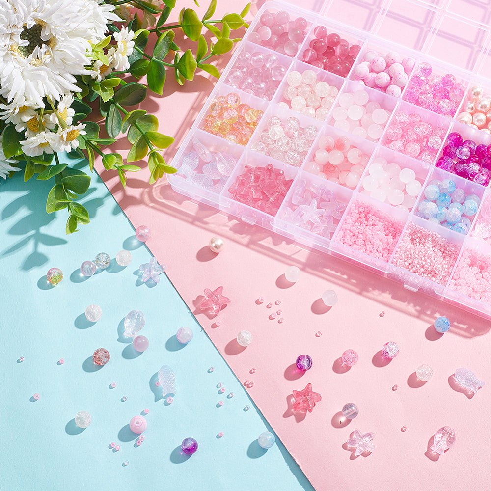 DIY Smykkesæt – Pink Mix, Rund, Fisk & Søstjerner Ca. 400 dele - Uniq Perler - 