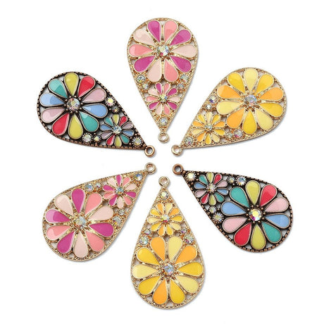 Dråbeformede Blomster Vedhæng Med Rhinsten – 18K Forgyldt Messing (44x24x3mm) 6 stk. - Uniq Perler - 123534