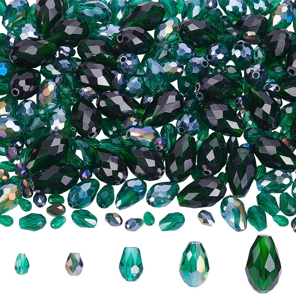 Dråbeformede Glasperler – Grøn, Facetterede (5~15x3~10mm) 280 stk. - Uniq Perler - 125903