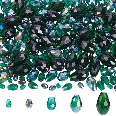 Dråbeformede Glasperler – Grøn, Facetterede (5~15x3~10mm) 280 stk. - Uniq Perler - 125903